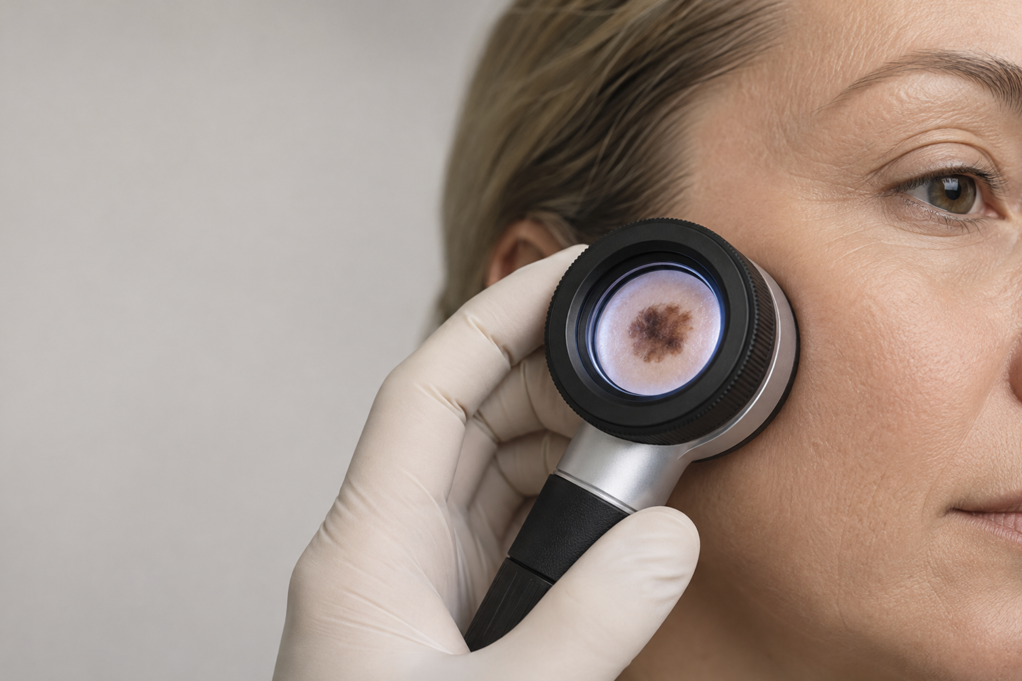 A clinician examines a facial skin lesion with a dermatoscope